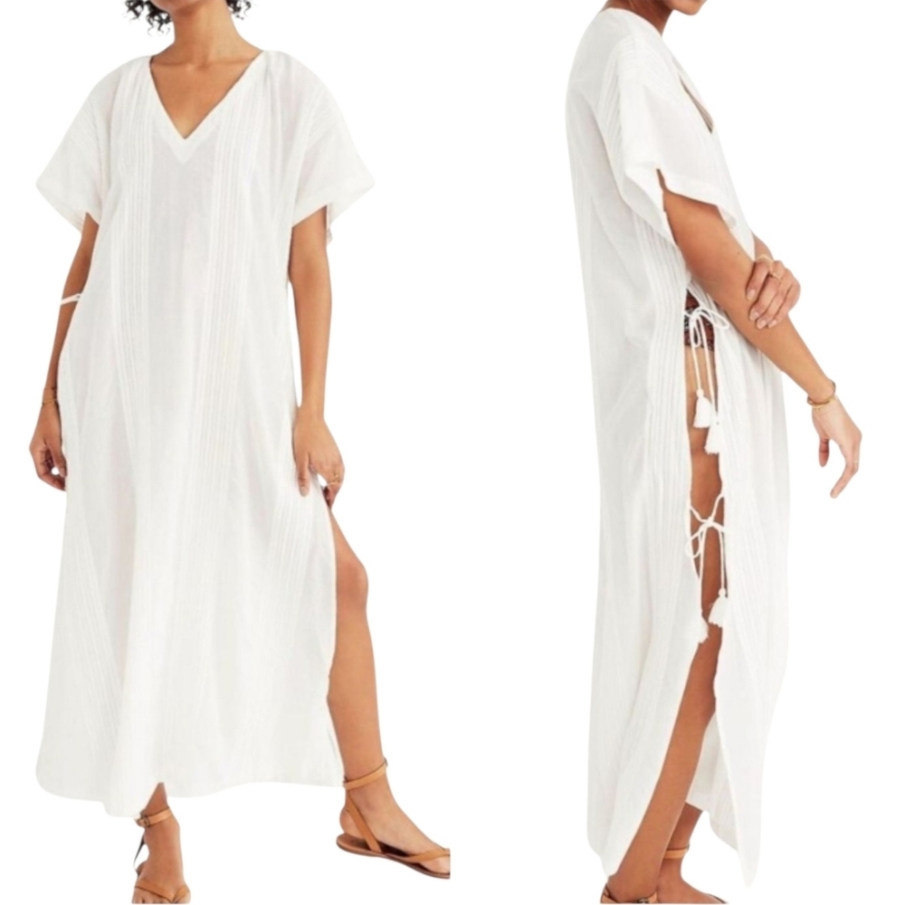 Madewell Swim Coverup Womens Small White Side Slit V-Neck Short Sleeve Beachwear